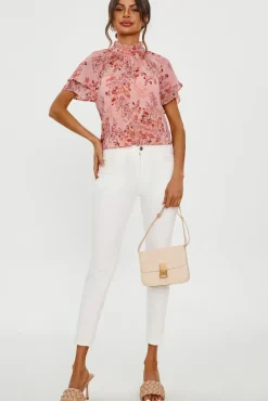 Floral Print Frill Hem Sleeve High Neck Blouse Top In Pink