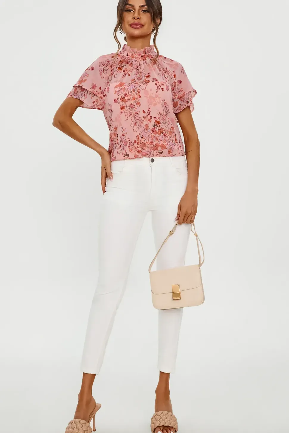 Floral Print Frill Hem Sleeve High Neck Blouse Top In Pink