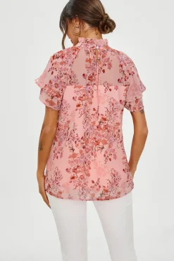 Floral Print Frill Hem Sleeve High Neck Blouse Top In Pink