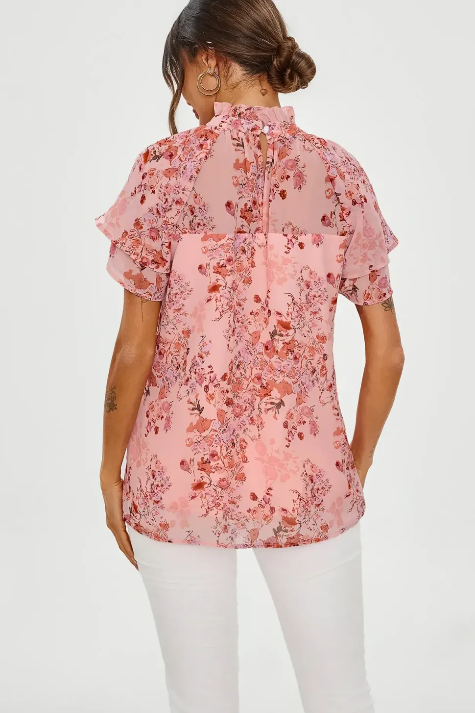 Floral Print Frill Hem Sleeve High Neck Blouse Top In Pink
