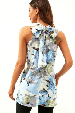 Floral Print Halter Neck Tie Back Top In Grey Blue