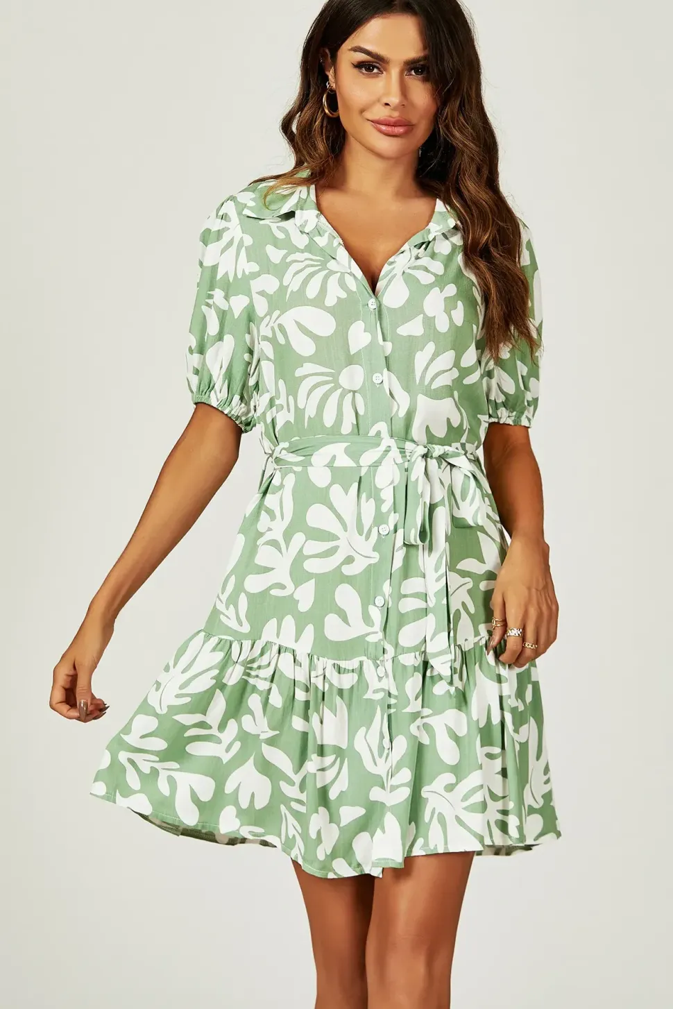 Floral Print Hem Tiered Shirt Mini Dress In Green