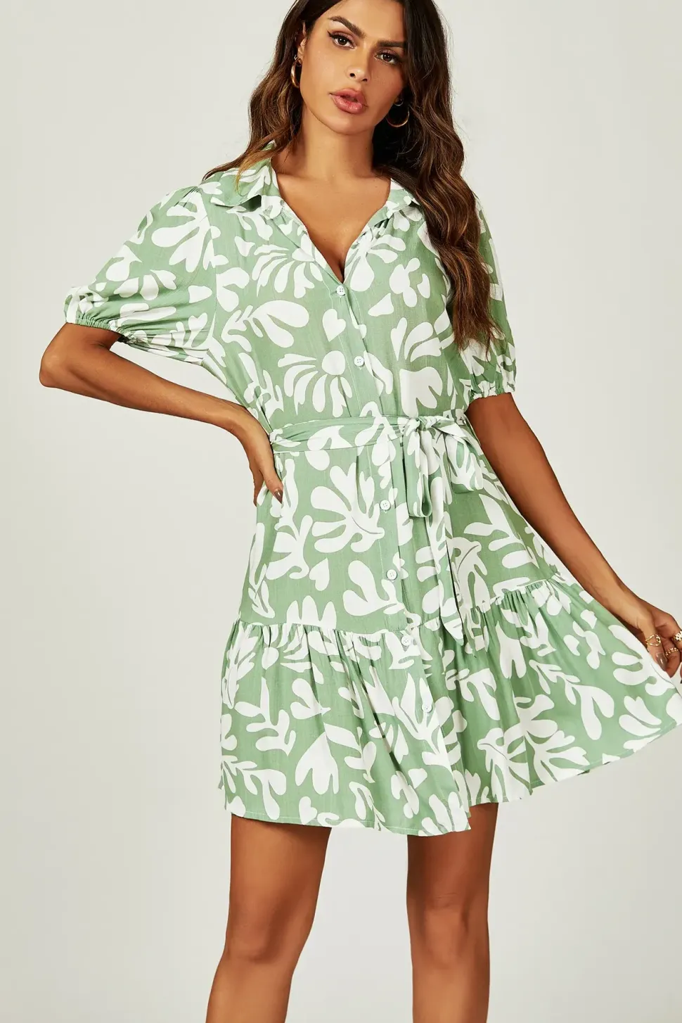 Floral Print Hem Tiered Shirt Mini Dress In Green