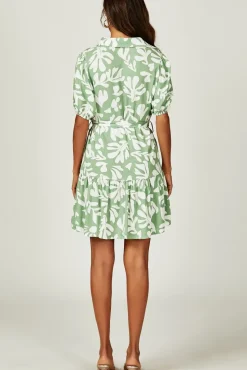 Floral Print Hem Tiered Shirt Mini Dress In Green