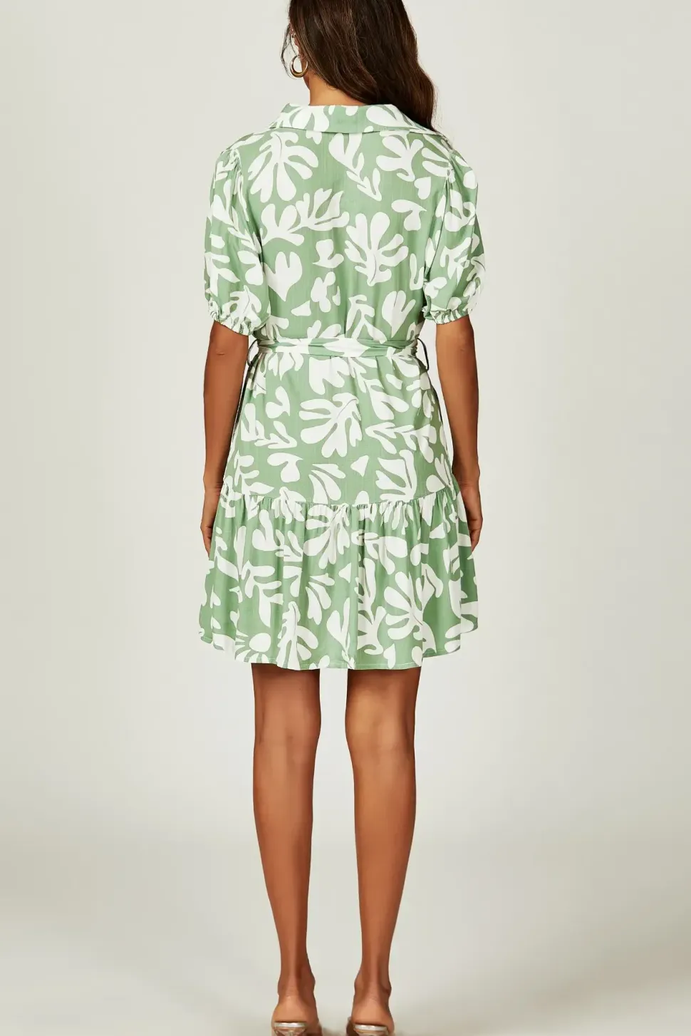 Floral Print Hem Tiered Shirt Mini Dress In Green