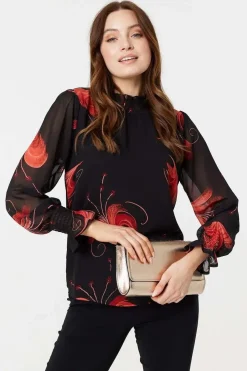 Floral Print High Neck Sheer Blouse