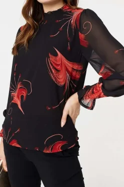 Floral Print High Neck Sheer Blouse