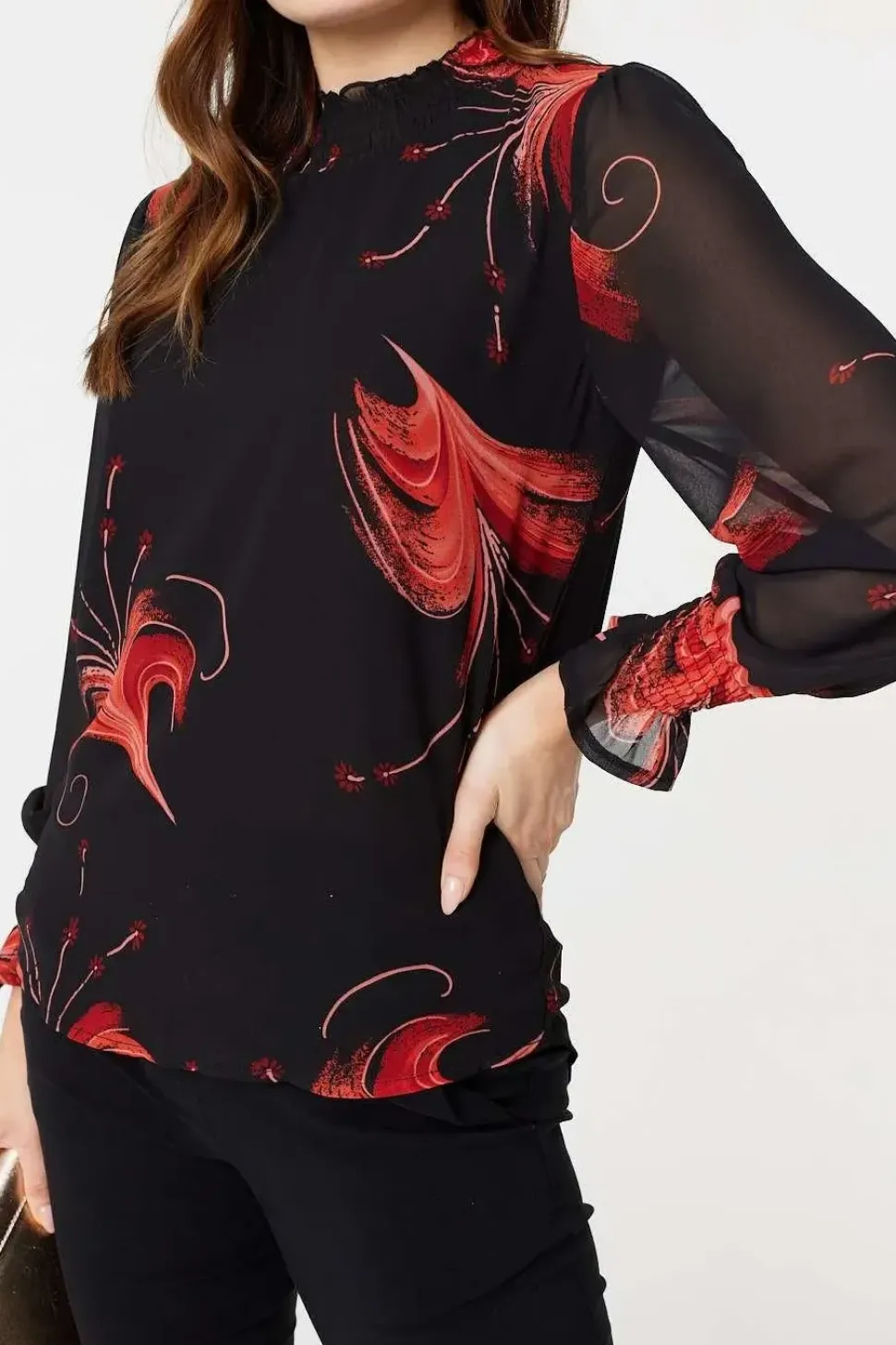 Floral Print High Neck Sheer Blouse