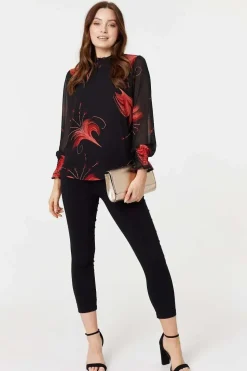Floral Print High Neck Sheer Blouse