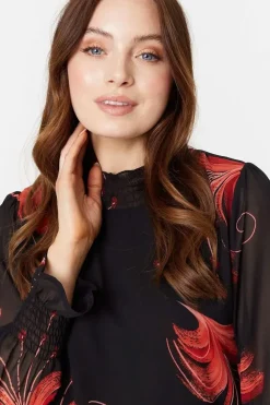 Floral Print High Neck Sheer Blouse