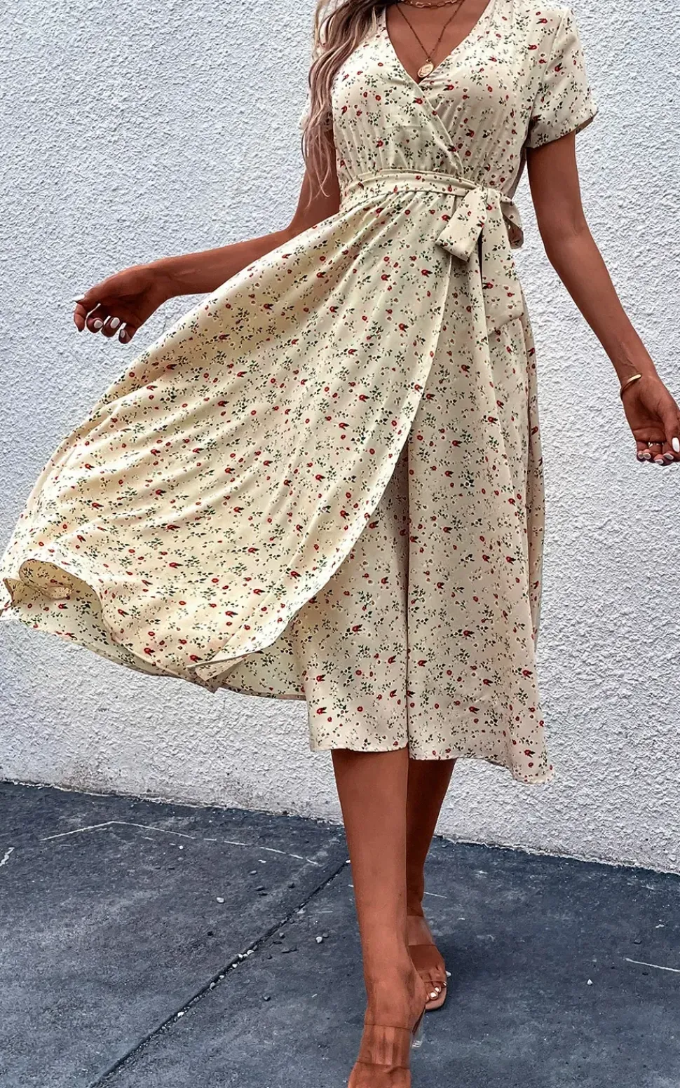 Floral Print High Waist Wrap Midi Dress In Beige
