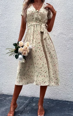 Floral Print High Waist Wrap Midi Dress In Beige