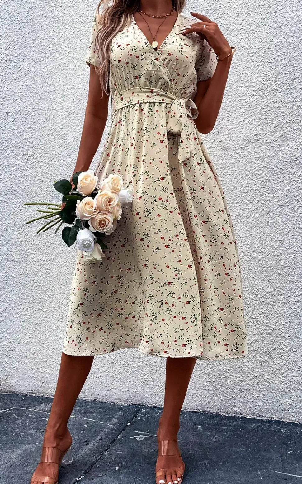Floral Print High Waist Wrap Midi Dress In Beige