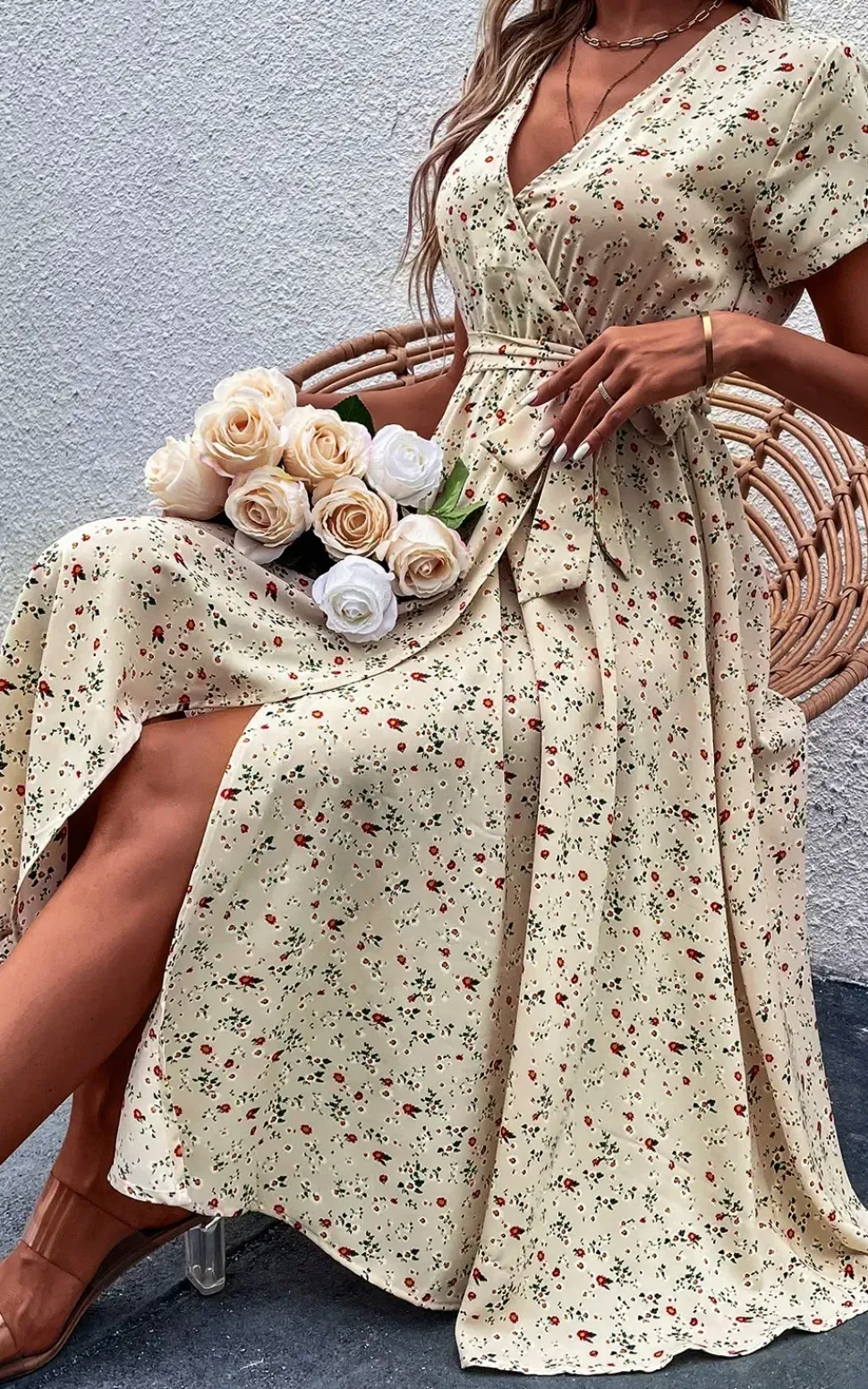 Floral Print High Waist Wrap Midi Dress In Beige