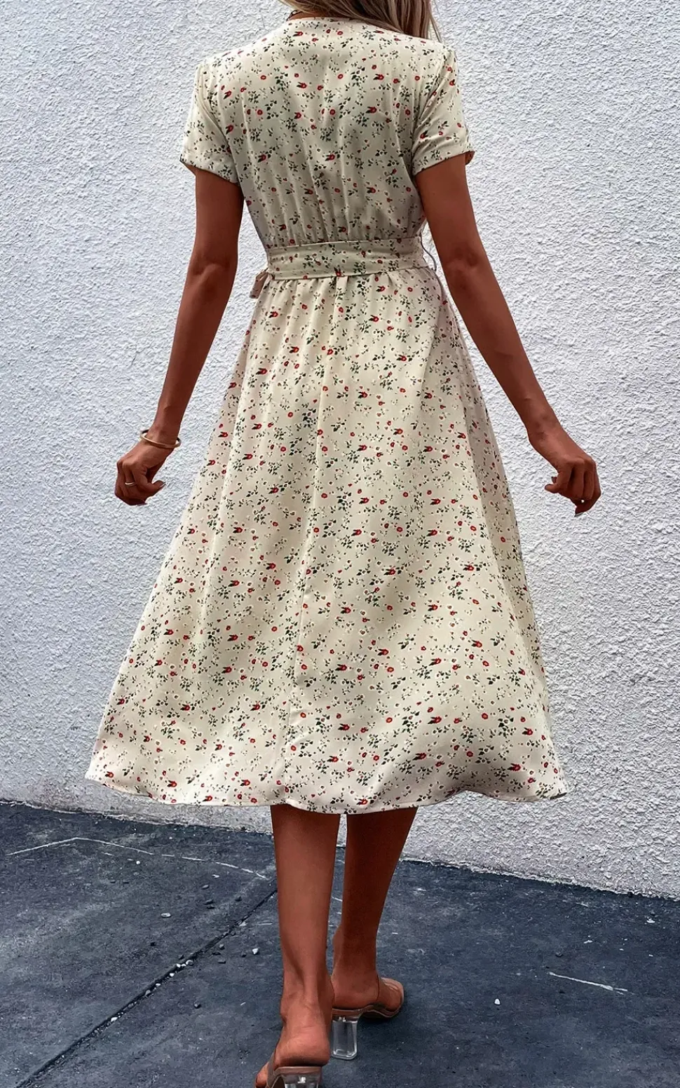 Floral Print High Waist Wrap Midi Dress In Beige