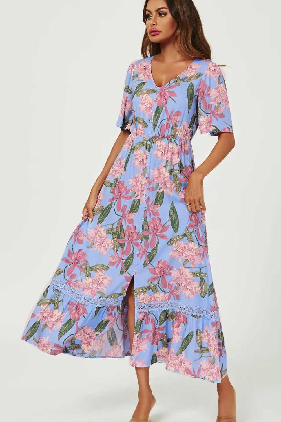 Floral Print Lace Detail Maxi Dress In Blue