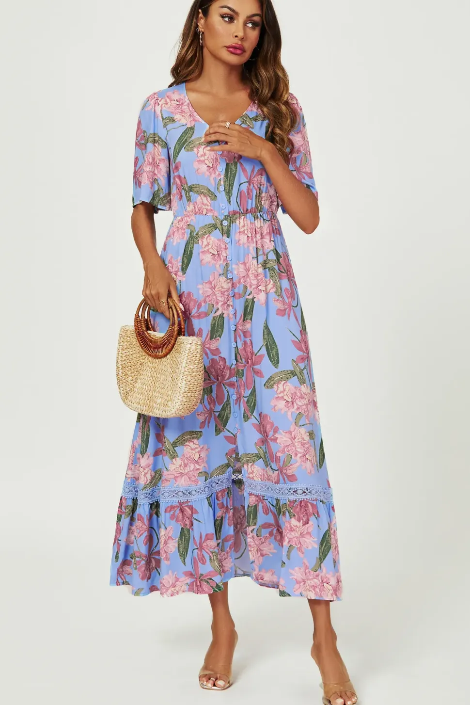 Floral Print Lace Detail Maxi Dress In Blue