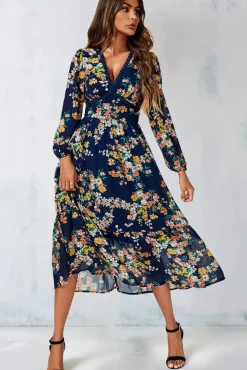 Floral Print Lace Trim Deep V Neck Long Sleeve Midi Dress In Navy