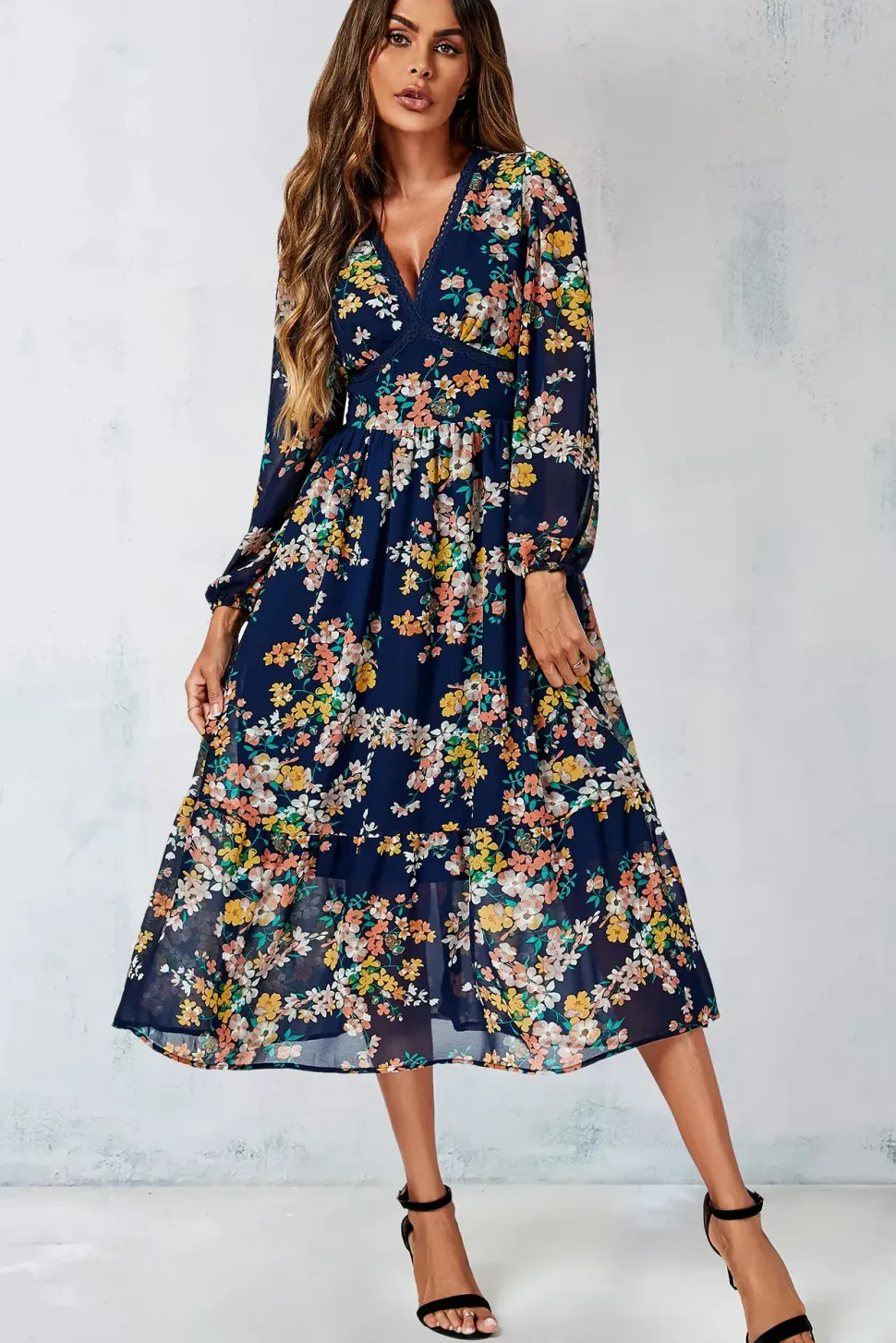 Floral Print Lace Trim Deep V Neck Long Sleeve Midi Dress In Navy