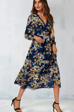 Floral Print Lace Trim Deep V Neck Long Sleeve Midi Dress In Navy