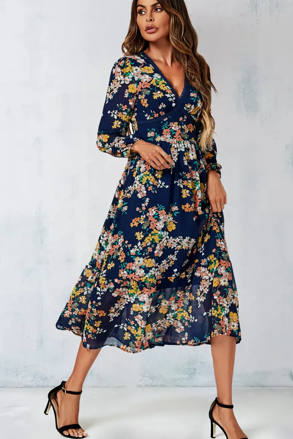 Floral Print Lace Trim Deep V Neck Long Sleeve Midi Dress In Navy
