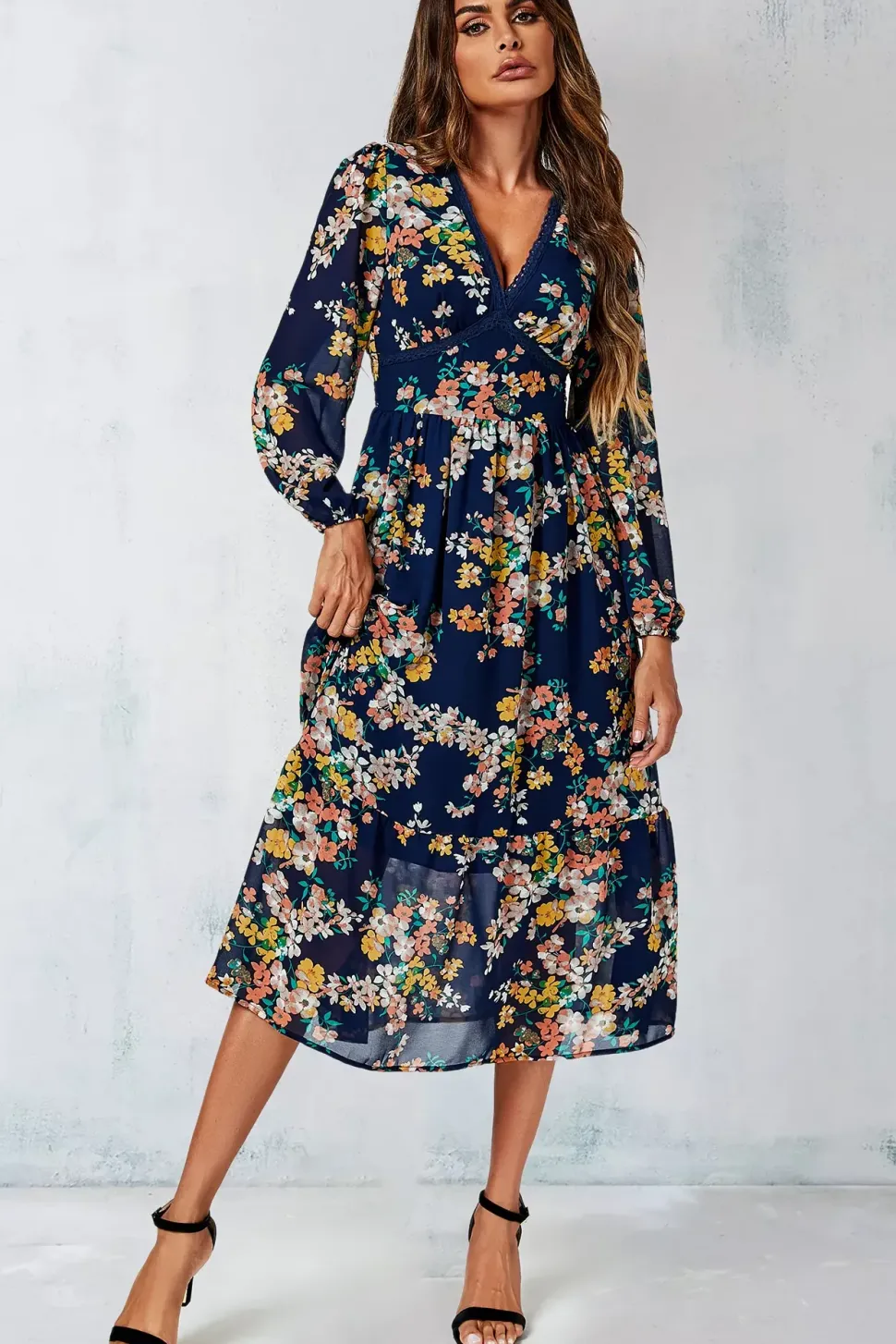 Floral Print Lace Trim Deep V Neck Long Sleeve Midi Dress In Navy