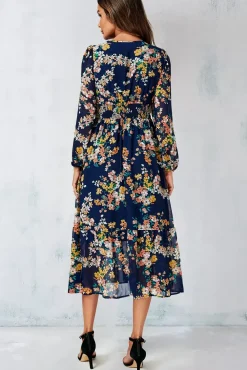 Floral Print Lace Trim Deep V Neck Long Sleeve Midi Dress In Navy