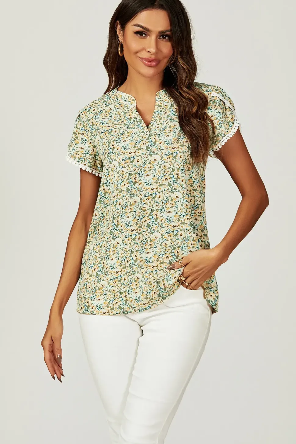 Floral Print Lace Trim Short Sleeve Blouse Top In Green Yellow