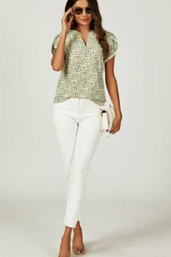 Floral Print Lace Trim Short Sleeve Blouse Top In Green Yellow