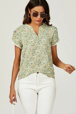 Floral Print Lace Trim Short Sleeve Blouse Top In Green Yellow