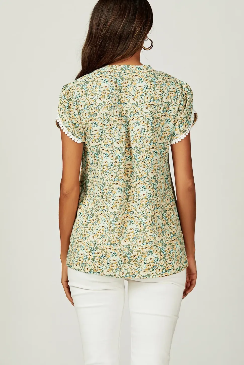 Floral Print Lace Trim Short Sleeve Blouse Top In Green Yellow