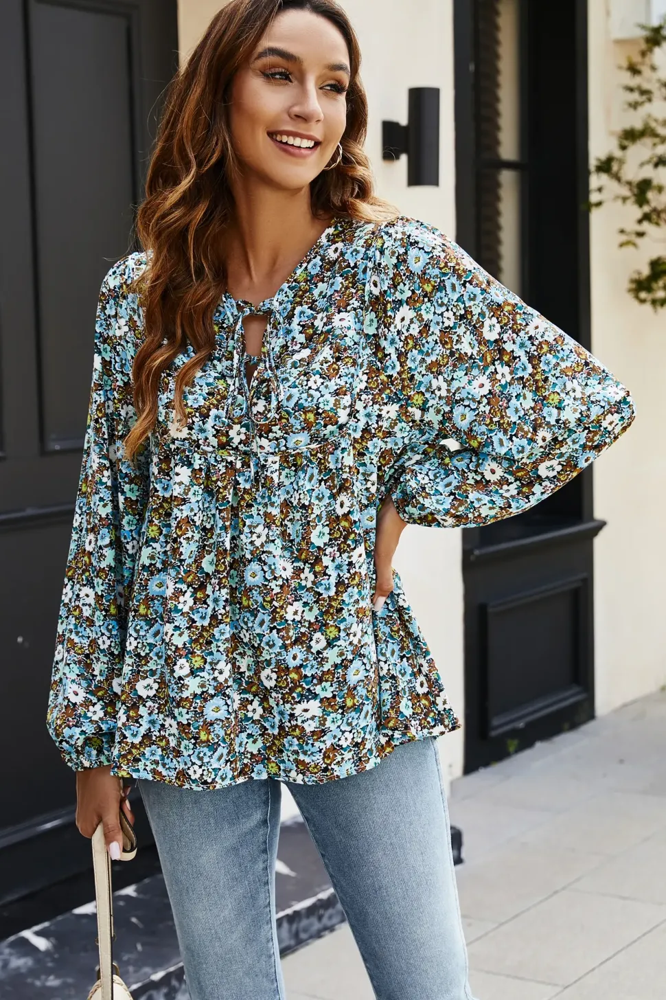 Floral Print long sleeve Blouse Top In Blue