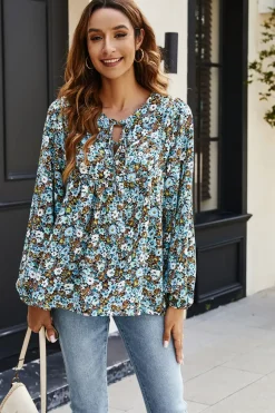 Floral Print long sleeve Blouse Top In Blue