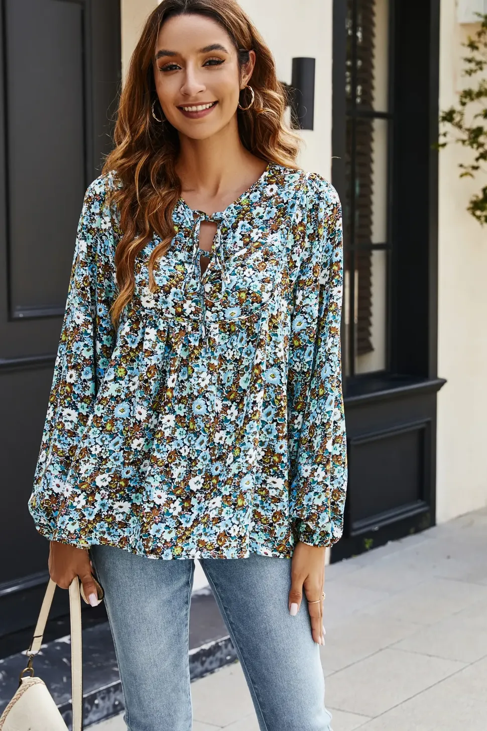 Floral Print long sleeve Blouse Top In Blue