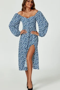Floral Print long sleeve Blouse Top In Blue