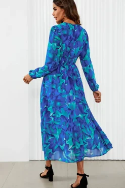 Floral Print long sleeve Blouse Top In Blue