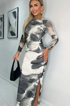 Floral Print Long Sleeve Bodycon Midi Dress