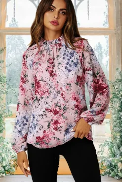 Floral Print Long Sleeve Frill High Neck Top In Pink