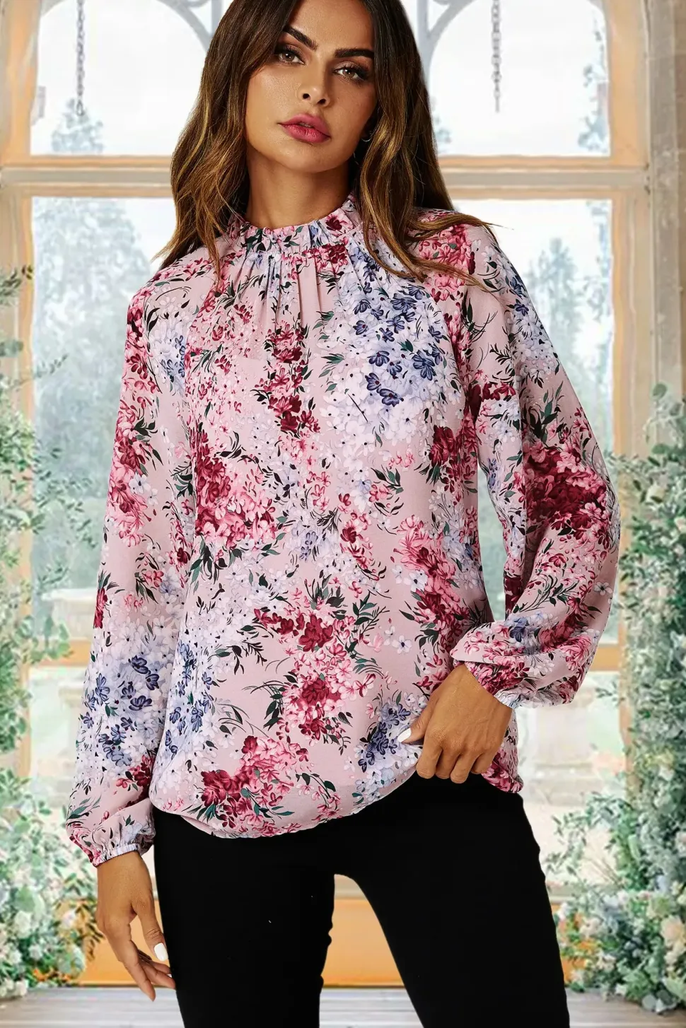 Floral Print Long Sleeve Frill High Neck Top In Pink
