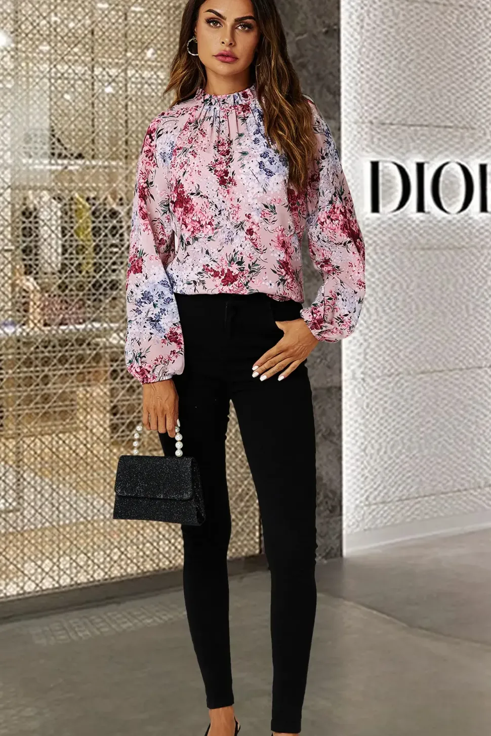 Floral Print Long Sleeve High Neck Top