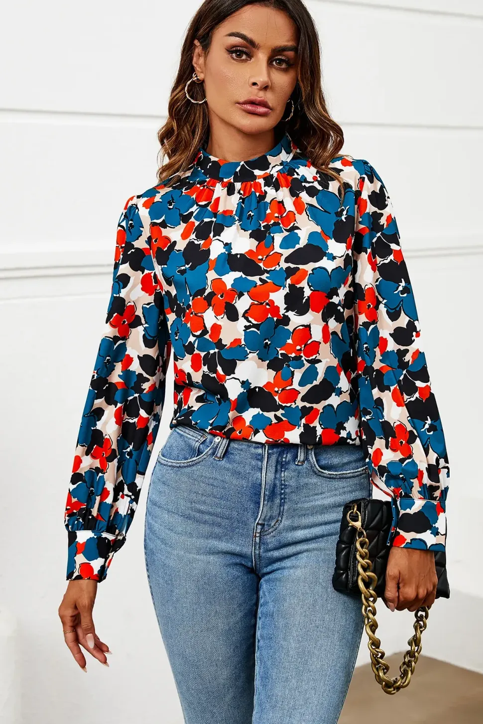 Floral Print Long Sleeve High Neck Top In Blue