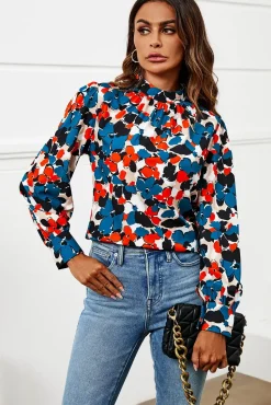 Floral Print Long Sleeve High Neck Top In Blue