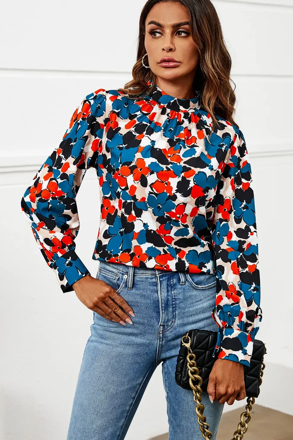 Floral Print Long Sleeve High Neck Top In Blue