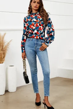 Floral Print Long Sleeve High Neck Top In Blue