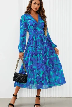 Floral Print Long Sleeve High Neck Top In Blue