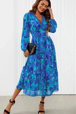 Floral Print Long Sleeve Maxi Dress In Blue