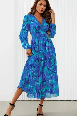 Floral Print Long Sleeve Maxi Dress In Blue