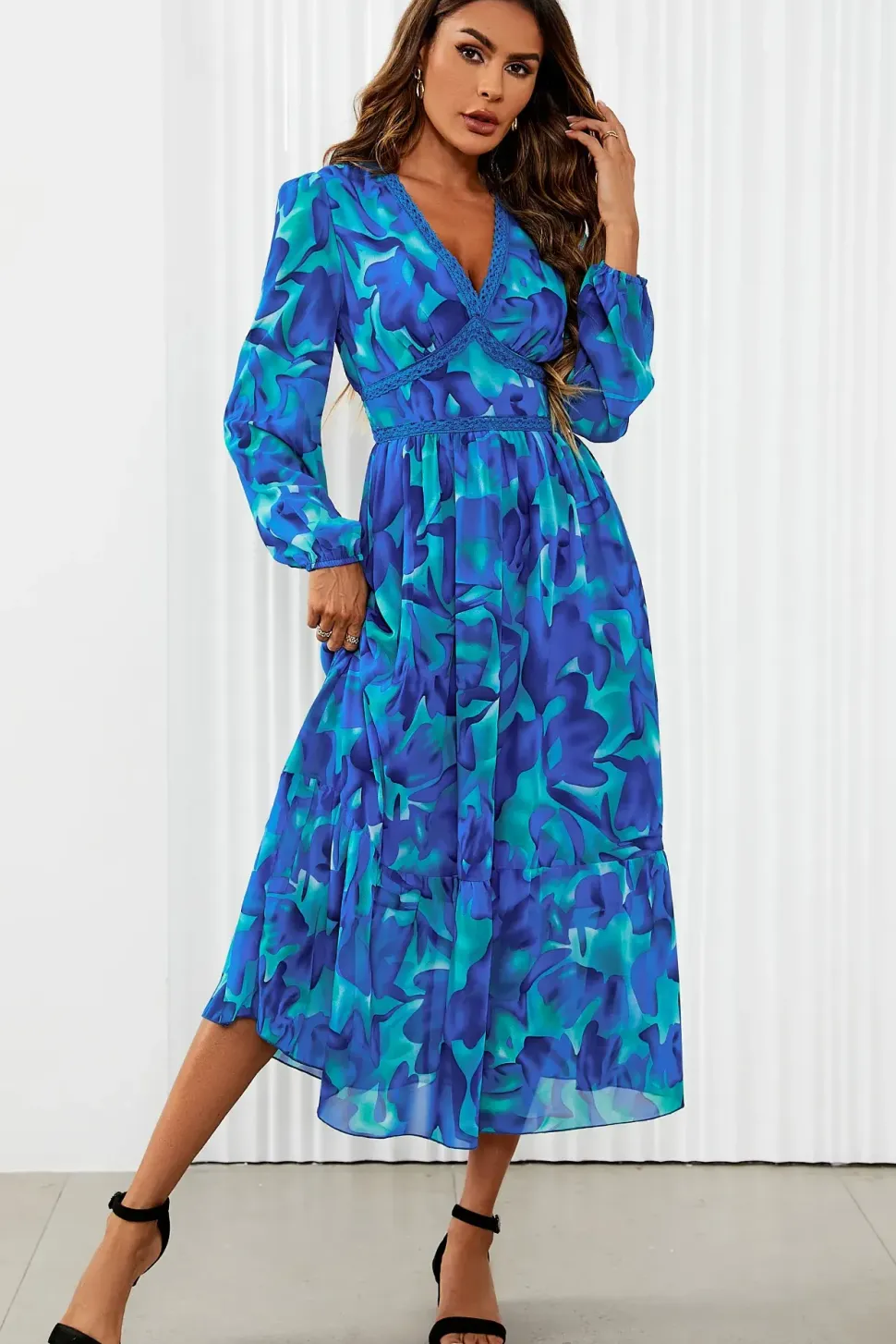 Floral Print Long Sleeve Maxi Dress In Blue