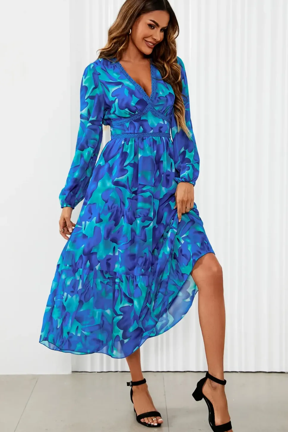 Floral Print Long Sleeve Maxi Dress In Blue