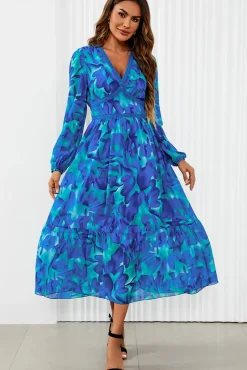 Floral Print Long Sleeve Maxi Dress In Blue
